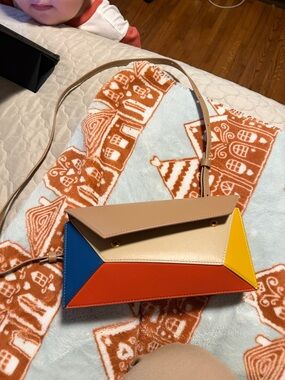 Colorblock Geometric Leather Crossbody in Tan, Cream & Multicolor